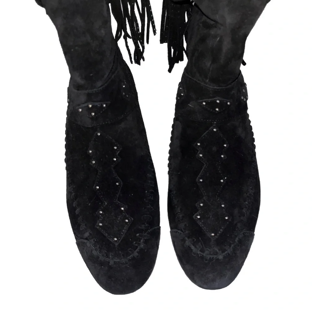 Saint Laurent Black Ankle Boots Suede Studded Moccasin Booties 9 Boho Casual 🟡
